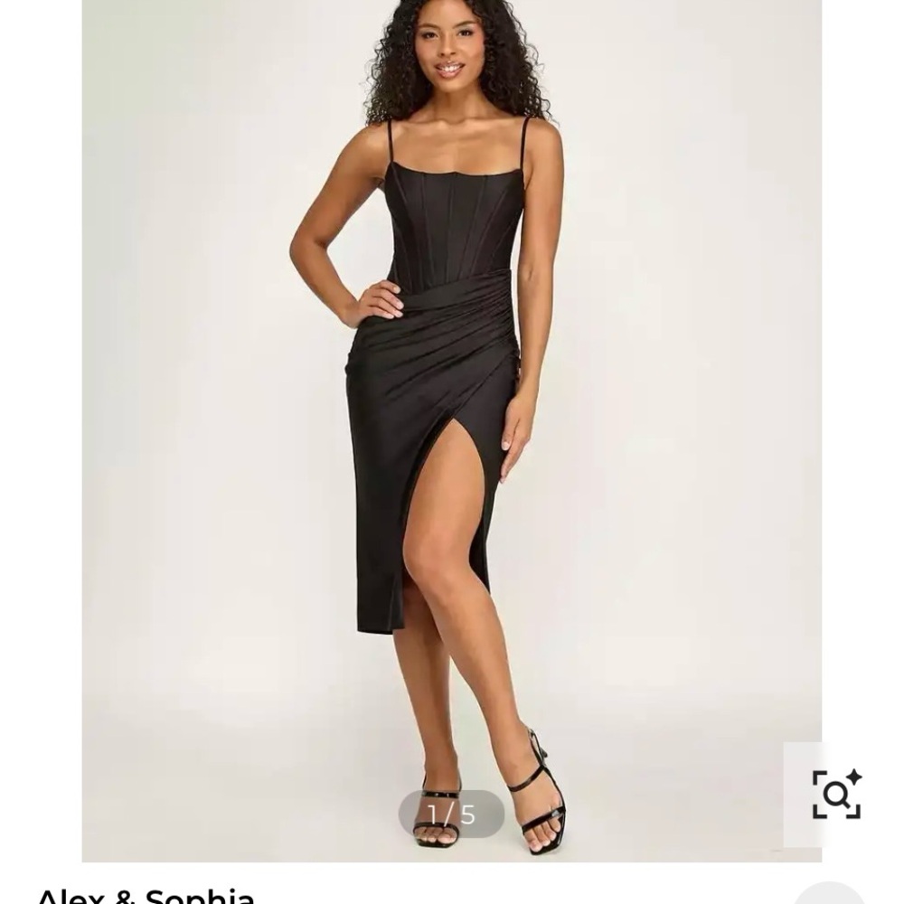 Black Ruched Midi Dress with Thigh Slit